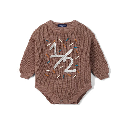 Custom Hand Embroidered Half Birthday 1/2 Knit Baby Romper