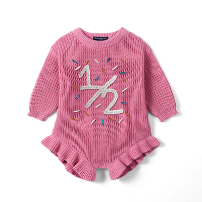 Custom Hand Embroidered Half Birthday 1/2 Knit Baby Romper