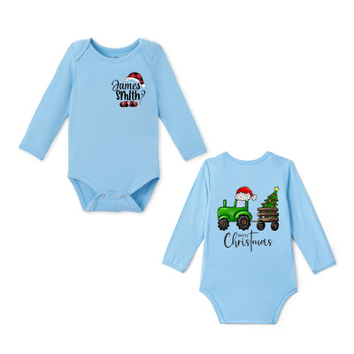 Custom Name Green Tractor Merry Christmas Bamboo Baby Bodysuit