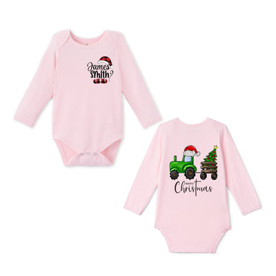 Custom Name Green Tractor Merry Christmas Bamboo Baby Bodysuit