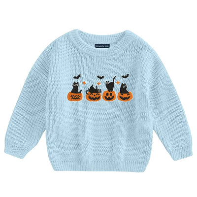 Light blue sweater with Halloween design featuring cats and pumpkins on a white background