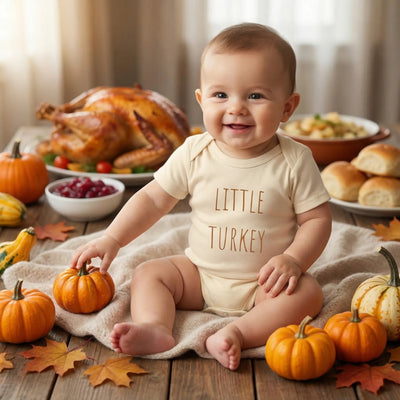 Little Turkey Bamboo Baby Onesie in First Thanksgiving Outfit