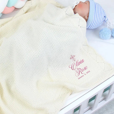 Personalized Bow Cross Embroidered Knit Baby Blanket
