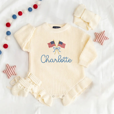 4th of july baby name rompers cream