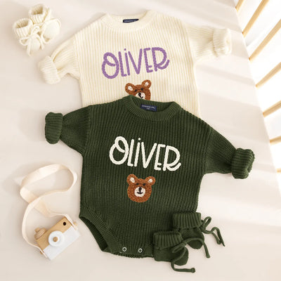 Custom Hand Embroidered Bear Baby Romper