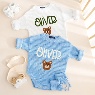Custom Hand Embroidered Bear Baby Romper