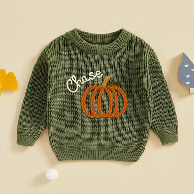 Custom Baby Name Pumpkin Hand Embroidery Knit Sweater SwaddleAn