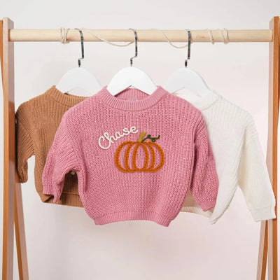 Custom Baby Name Pumpkin Hand Embroidery Knit Sweater SwaddleAn