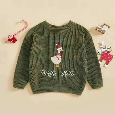 Christmas Goose Hand-Embroidered Knit Sweater - SwaddleAn