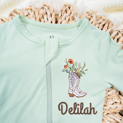Custom Cowgirl Embroidered Baby Pajamas Sage Green