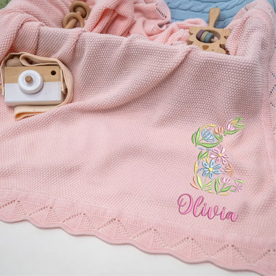 Custom Easter Floral Bunny Baby Name Blanket