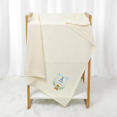 Custom Embroidered Bear Wreath Initial Baby Blanket SwaddleAn