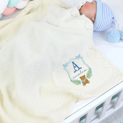 Custom Embroidered Bear Wreath Initial Baby Blanket SwaddleAn
