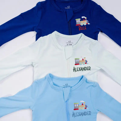Custom Embroidered Train Baby Pajamas - SwaddleAn