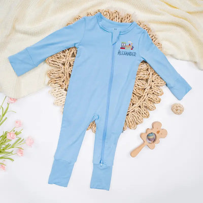 Custom Embroidered Train Baby Pajamas - SwaddleAn
