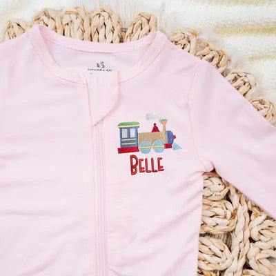 Custom Embroidered Train Baby Pajamas - SwaddleAn