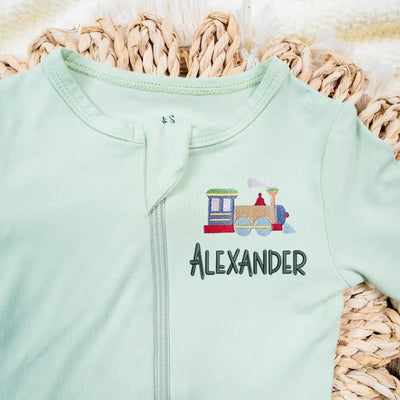 Custom Embroidered Train Baby Pajamas - SwaddleAn