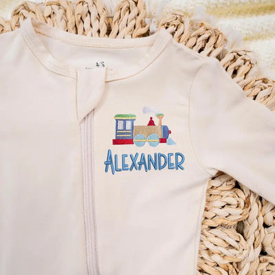 Custom Embroidered Train Baby Pajamas - SwaddleAn