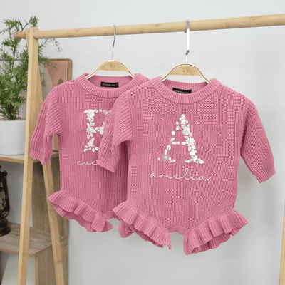 Custom Floral Initial Name Knit Ruffle Baby Romper in Pink