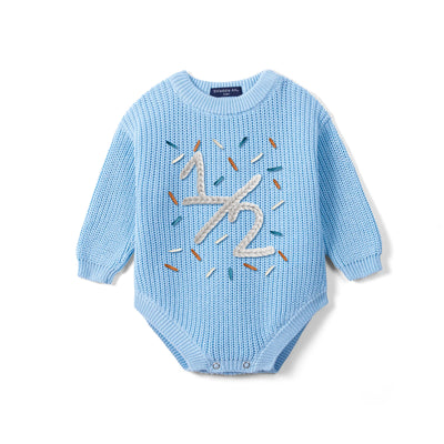 Custom Hand Embroidered Half Birthday 1/2 Knit Baby Romper