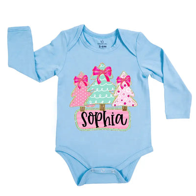 Custom Name Christmas Tree Baby Girl Onesie - SwaddleAn