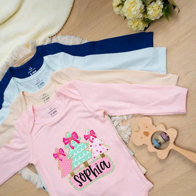 Custom Name Christmas Tree Baby Girl Onesie - SwaddleAn