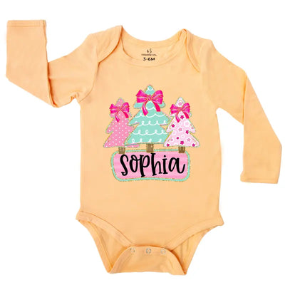 Custom Name Christmas Tree Baby Girl Onesie - SwaddleAn