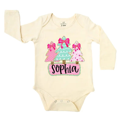 Custom Name Christmas Tree Baby Girl Onesie - SwaddleAn