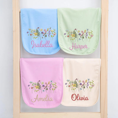Custom Name Embroidered Wildflower Baby Burp Cloths - SwaddleAn
