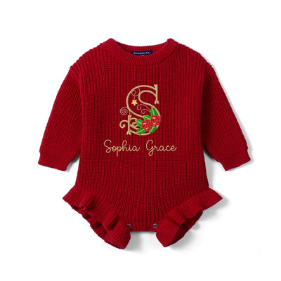 Custom Name Monogram Holly Knit Baby Romper
