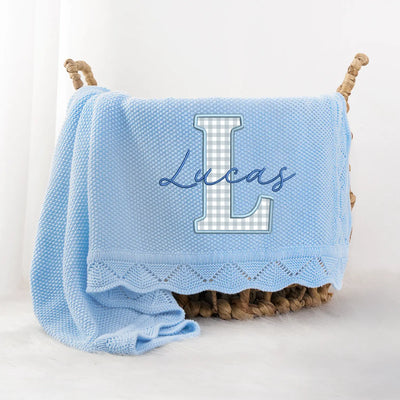 Embroidered Checker Applique Blue Baby Blanket