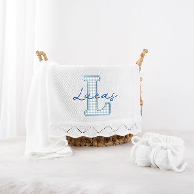Embroidered Checker Applique Blue Baby Blanket