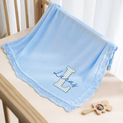 Embroidered Checker Applique Blue Baby Blanket