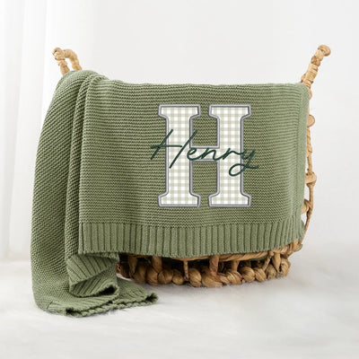 Embroidered Checker Applique Green Baby Blanket