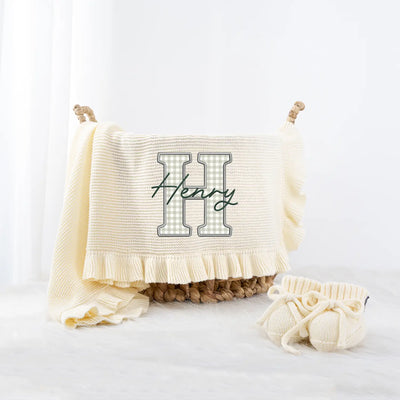 Embroidered Checker Applique Green Baby Blanket