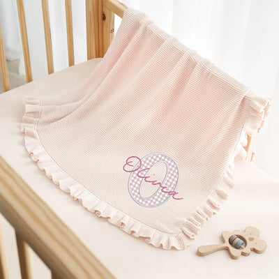 Embroidered Checker Applique Pink Baby Blanket