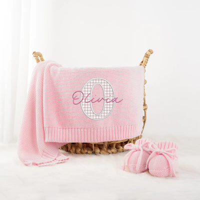 Embroidered Checker Applique Pink Baby Blanket