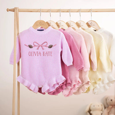 Embroidered Name Bow Football Baby Romper