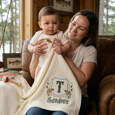 Embroidered Fishing Custom Name Knit Baby Blanket