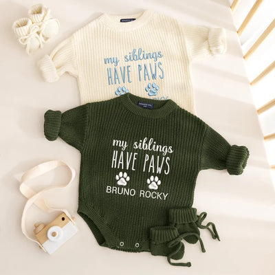 Embroidered 'My Siblings have PAWS' Baby Romper