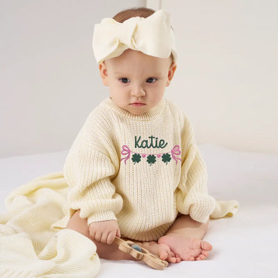 Embroidery Clover Hearts Bow Knit Baby Romper