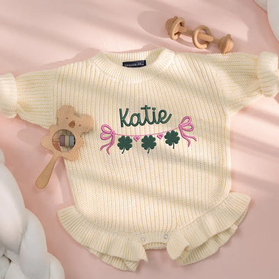 Embroidery Clover Hearts Bow Knit Baby Romper
