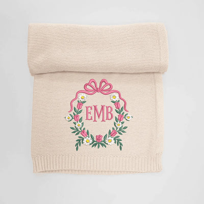 Floral Bow Wreath Embroidery Monogram Frame Baby Blanket - SwaddleAn