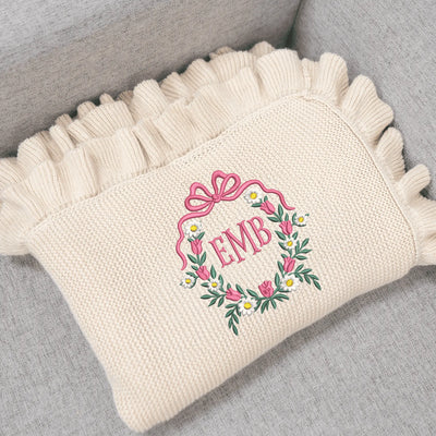 Floral Bow Wreath Embroidery Monogram Frame Baby Blanket - SwaddleAn