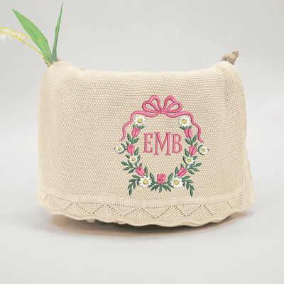 Floral Bow Wreath Embroidery Monogram Frame Baby Blanket - SwaddleAn