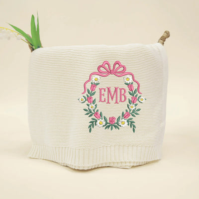 Floral Bow Wreath Embroidery Monogram Frame Baby Blanket - SwaddleAn