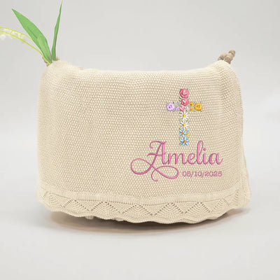 Personalized Floral Cross Embroidered Knit Baby Blanket