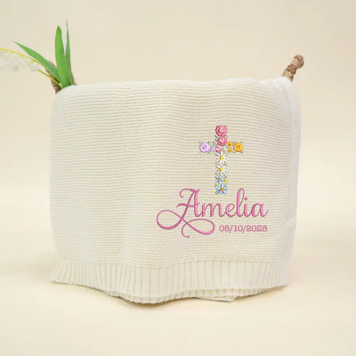 Personalized Floral Cross Embroidered Knit Baby Blanket