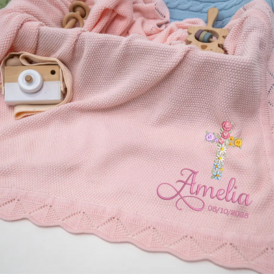 Personalized Floral Cross Embroidered Knit Baby Blanket