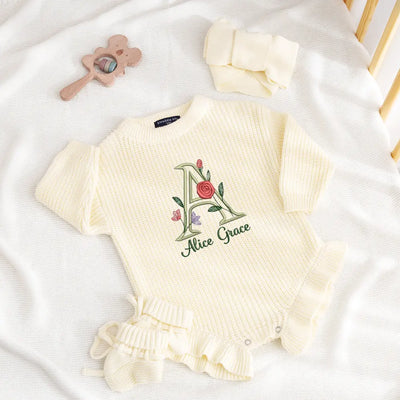 Floral Custom Initial Embroidery Romper